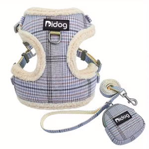 Postroj pro psy s vodítkem a taštičkou – Kostkovaný design, měkký