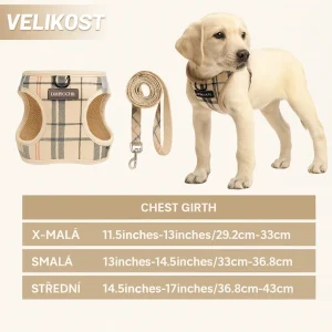 Postroj pro psy s vodítkem – Kostkovaný design, nastavitelný